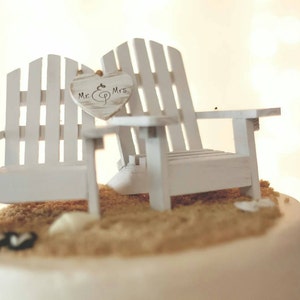 White Adirondack chairs-beach chairs-beach-wedding-cake topper-destination wedding-beach-bride-groom-nautical-Mr and Mrs-sign-wedding sign