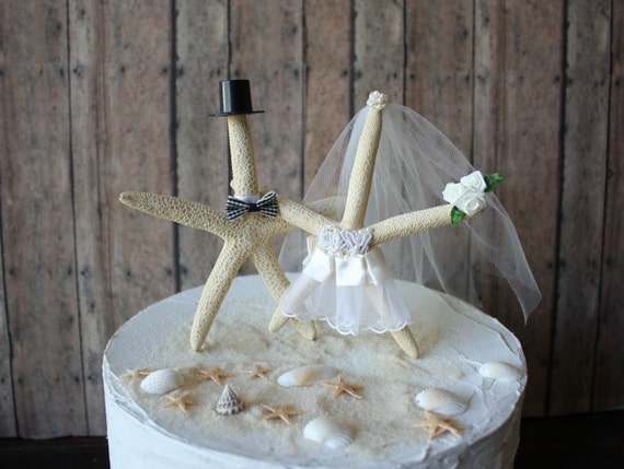 Ivory-Starfish wedding cake topper-Starfish bride and groom-Starfish wedding topper-bride and groom-Beach wedding