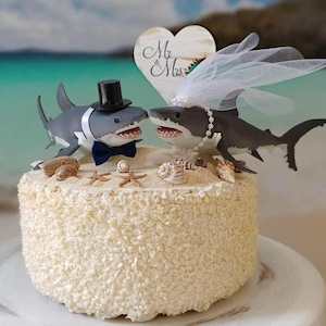 Shark-wedding cake topper-shark lover-beach wedding-bride and groom-fishing-shark fishing-nautical wedding-ocean-destination wedding