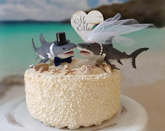 Shark-wedding cake topper-shark lover-beach wedding-bride and groom-fishing-shark fishing-nautical wedding-ocean-destination wedding