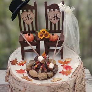 fall autumn themed wedding cake topper pumpkin country bride and groom rustic rocking chairs Mr&Mrs Thanksgiving wedding 6 inch cake image 5