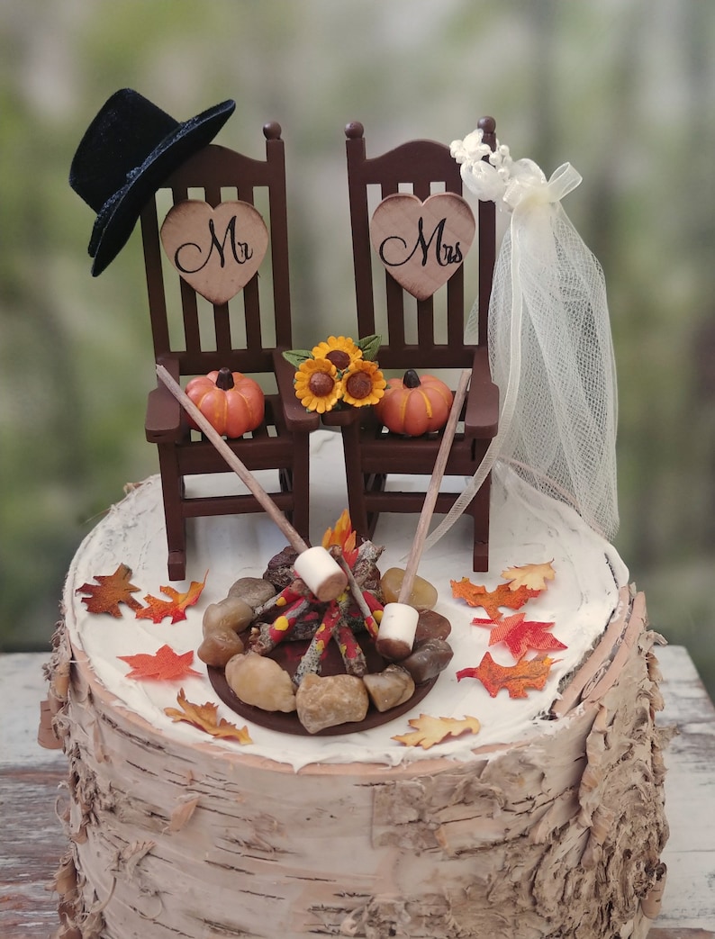 fall autumn themed wedding cake topper pumpkin country bride and groom rustic rocking chairs Mr&Mrs Thanksgiving wedding 6 inch cake image 5