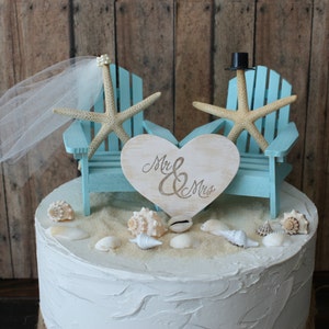 Sillas de playa Adirondack para bodas - Sillas Adirondack - Adorno para pastel de bodas - Sillas de playa - Adorno personalizado para pastel con forma de estrella de mar y temática playera