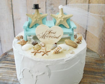 Beach wedding chairs 6 inch cake tier starfish bride groom Mr and Mrs sign Adirondack chairs-wedding cake topper-beach-destination wedding