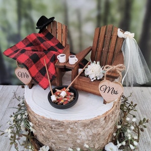 Fall themed Christmas themed wedding cake topper hunting camping Adirondack miniature chairs roasting marshmallows coffee hot chocolate cups image 4