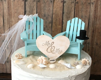 Custom Adirondack chairs wedding cake topper-beach wedding-destination wedding-beach-chairs beach wedding bride and groom aqua blue minature