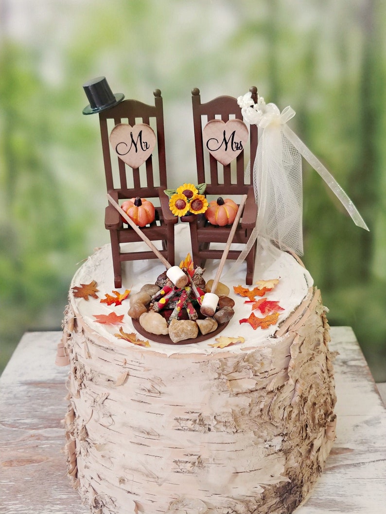 fall autumn themed wedding cake topper pumpkin country bride and groom rustic rocking chairs Mr&Mrs Thanksgiving wedding 6 inch cake image 3