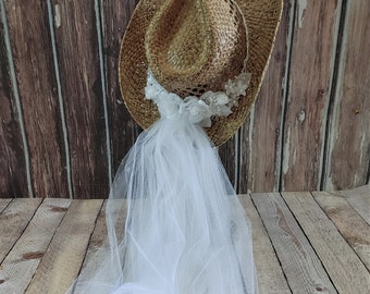 HPWF Western Bride’s Cowgirl Hat with Veil Straw Cowgirl Hat Bride Cowgirl Hat with Pearl Veil – Mirth Merry main image 4