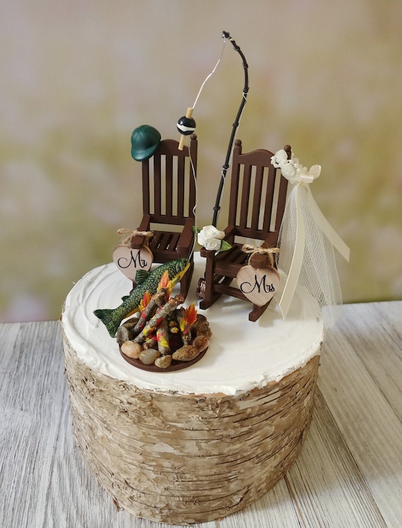 Rocking Chair Fishing Pole Rustic Country Wedding Cake Topper Bass Fishing  Groom Bride Camping Fishing Theme Ball Cap Campfire Small Chairs 