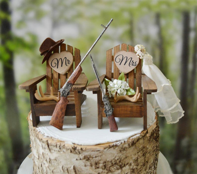 Hunting themed wedding cake topper bride groom hunters shotguns rifle antler rack Adirondack chairs camping fishing camouflage deer hunter image 4