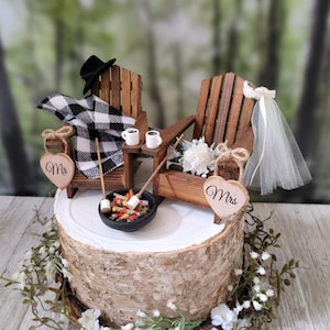 Fall themed Christmas themed wedding cake topper hunting camping Adirondack miniature chairs roasting marshmallows coffee hot chocolate cups image 1