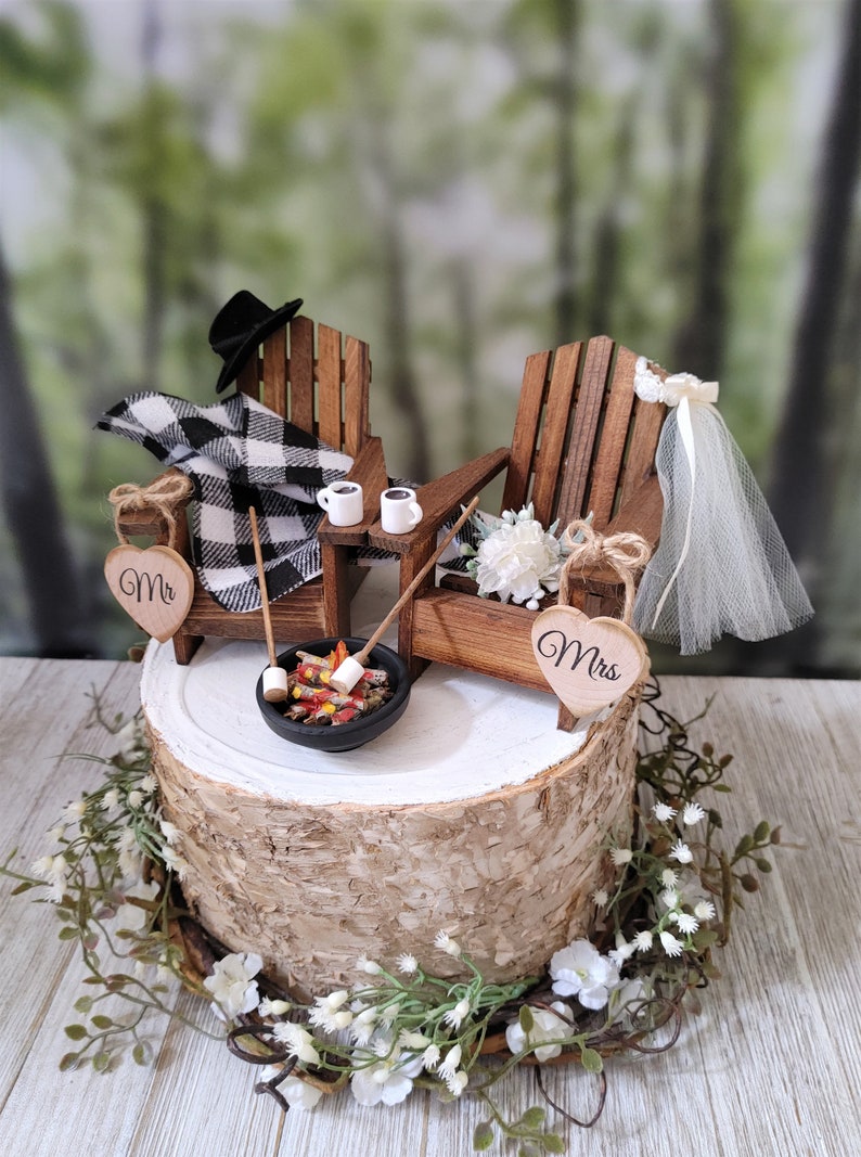 Fall themed Christmas themed wedding cake topper hunting camping Adirondack miniature chairs roasting marshmallows coffee hot chocolate cups image 1