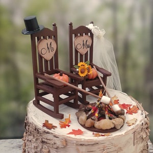 fall autumn themed wedding cake topper pumpkin country bride and groom rustic rocking chairs Mr&Mrs Thanksgiving wedding 6 inch cake image 7
