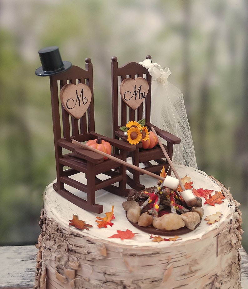 fall autumn themed wedding cake topper pumpkin country bride and groom rustic rocking chairs Mr&Mrs Thanksgiving wedding 6 inch cake image 7