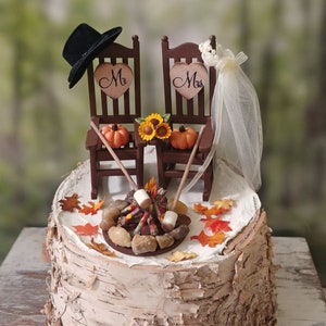 fall autumn themed wedding cake topper pumpkin country bride and groom rustic rocking chairs Mr&Mrs Thanksgiving wedding 6 inch cake image 6