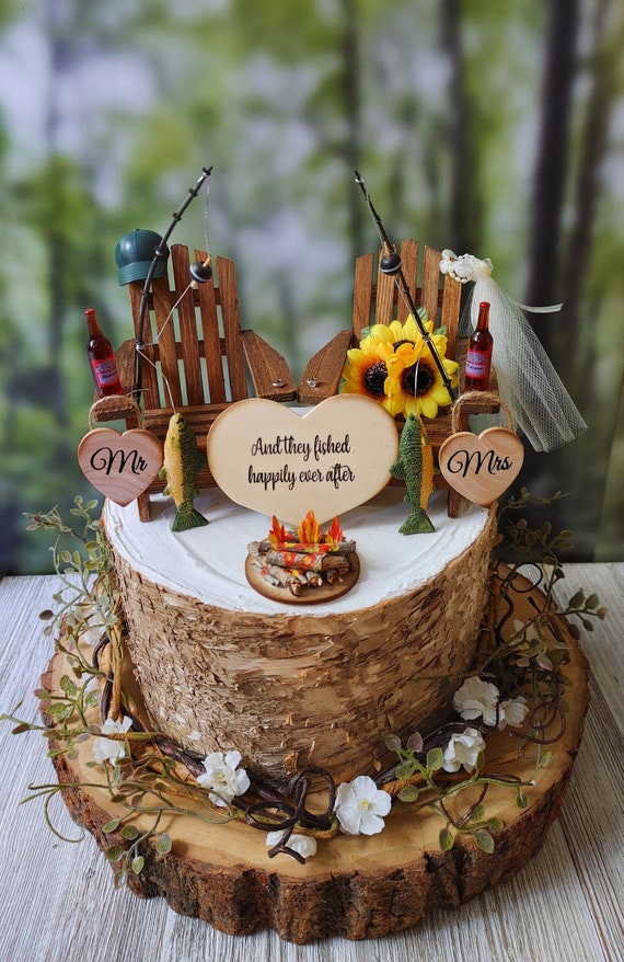 Fishing Theme Wedding Cake Topper Wood Chairs Fishing Poles Camp
