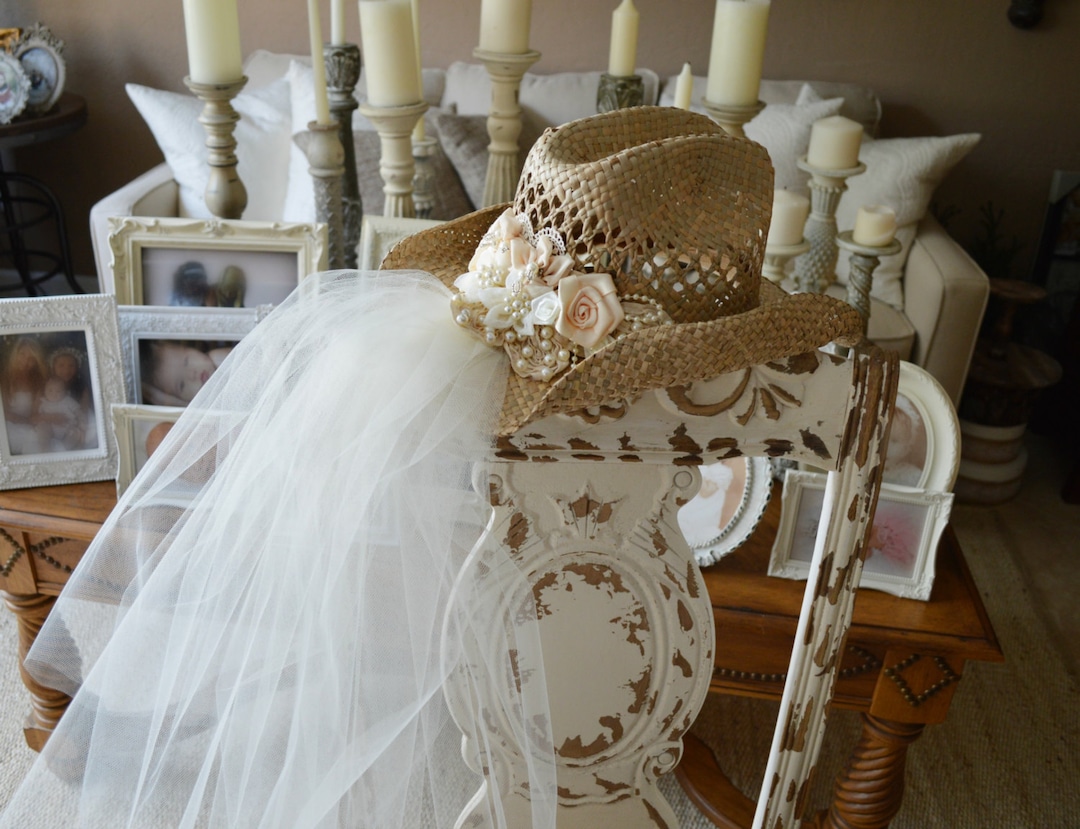 9918 Cowboy Hat And Veil- Bachelorette Party Decor, White Cowgirl Western-cowgirl-wedding-hat-white-veil-rustic-bride-country  main image 3