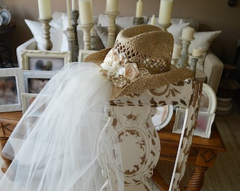 western bride cowgirl hat for western wedding ivory decorated cowgirl hat and veil bachelorette party hat rustic wedding decor barn wedding
