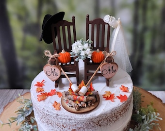 Fall themed wedding cake topper country pumpkin wedding autumn campfire roasting marshmallows western rustic rocking chair bride groom small