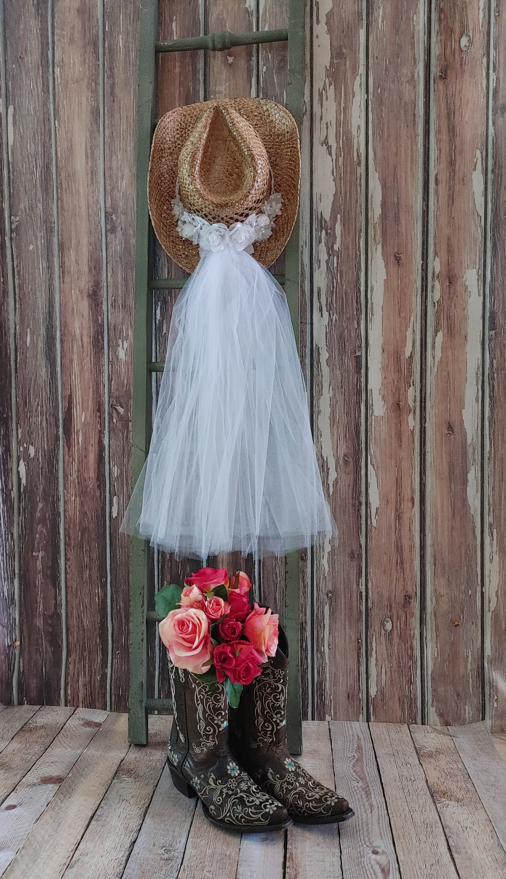 HPWF Western Bride’s Cowgirl Hat with Veil Straw Cowgirl Hat Bride Cowgirl Hat with Pearl Veil – Mirth Merry main image 3
