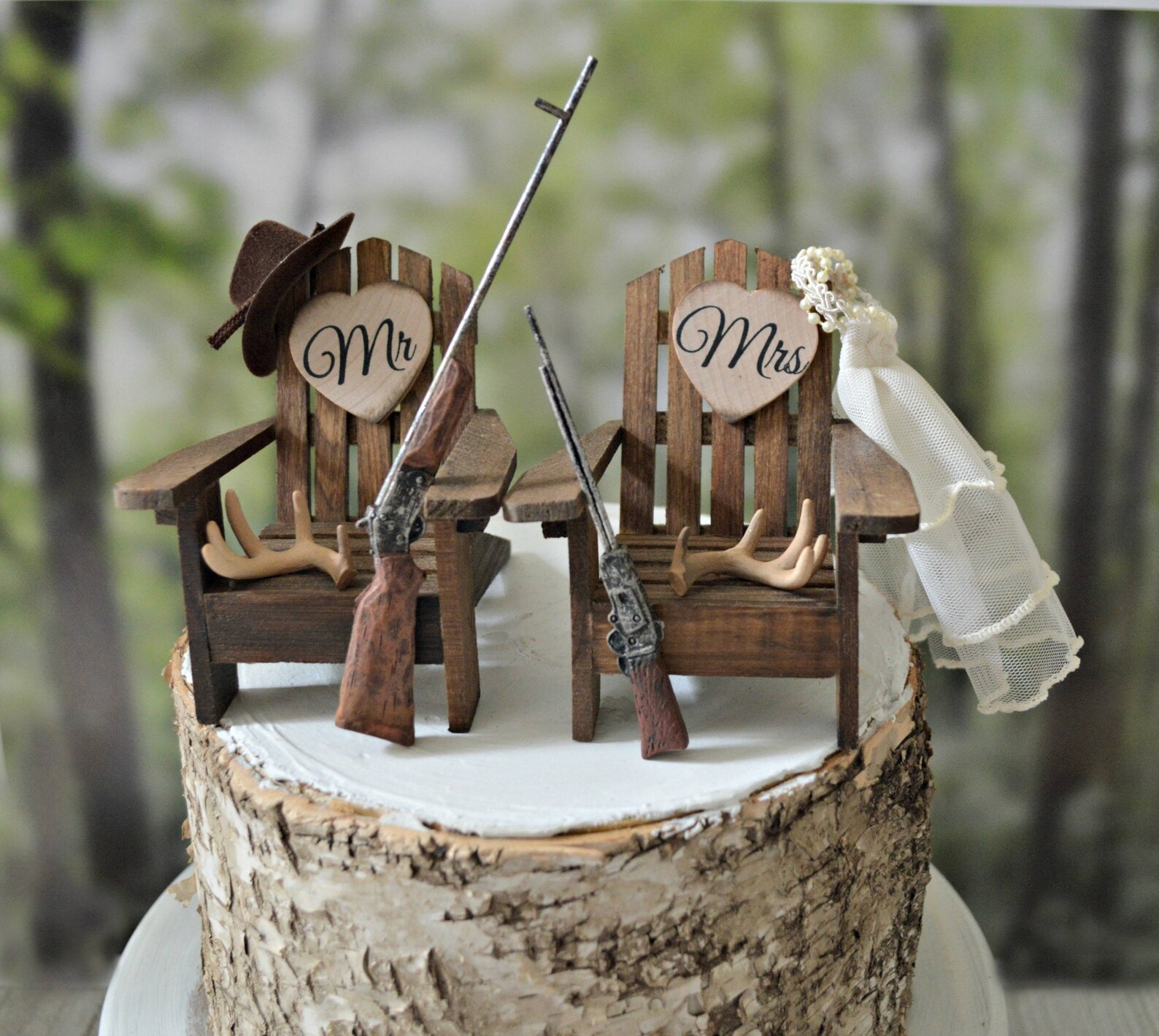 Elegant Hunting Theme Wedding Cake Topper with Adorned Antlers and Foxes
