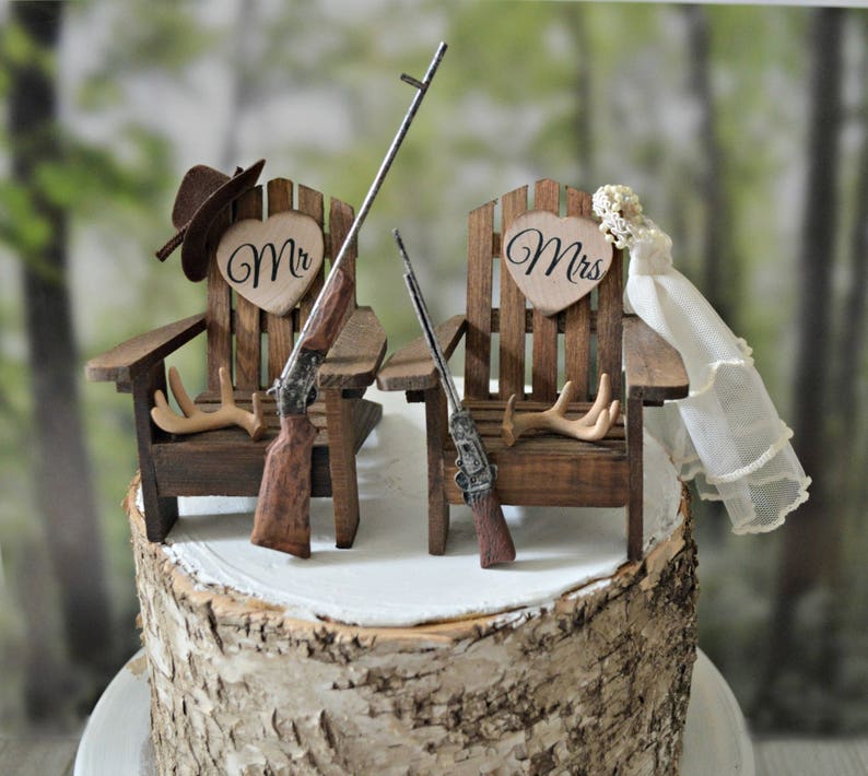 Hunting themed wedding cake topper bride groom hunters shotguns rifle antler rack Adirondack chairs camping fishing camouflage deer hunter image 1