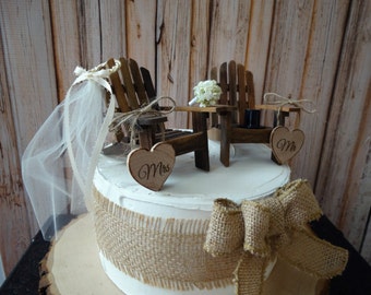 Western-rustic-wedding-Adirondack-chairs-miniature-country-lake house-wedding cake topper-fall-country western-bride-groom-custom-cowboy hat