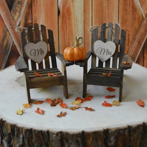 Fall-wedding-cake topper-country-pumpkin-autumn-leaves-wood-chairs-Adirondack-bride and groom-groom's cake-fall wedding decor-fall leaves