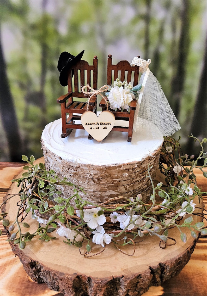 Quick shipping Country wood stained miniature rocking chairs fall theme personalized wedding cake topper cowboy hat veil rustic wedding