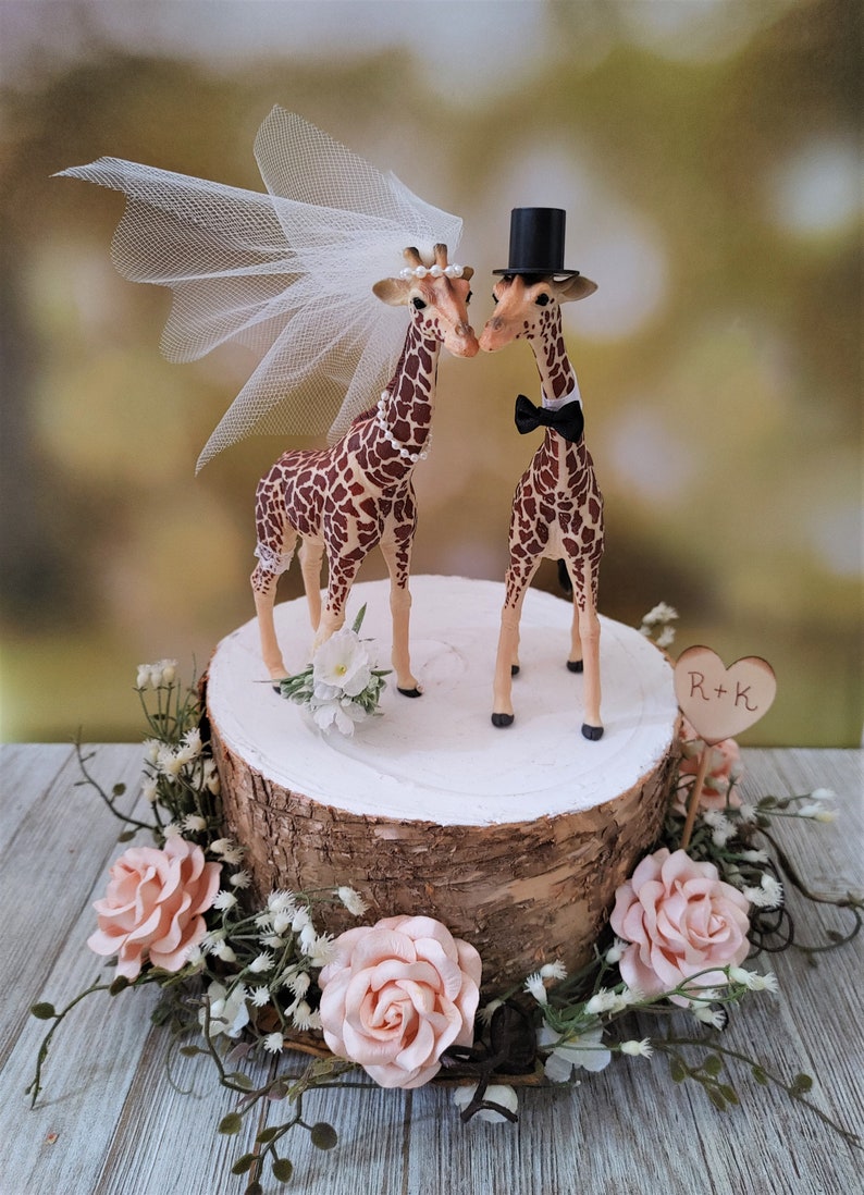 Giraffe wedding cake topper-animal-wedding cake topper-giraffe-wedding-just married-bride and groom-cake topper-custom-jungle-zoo-safari image 3