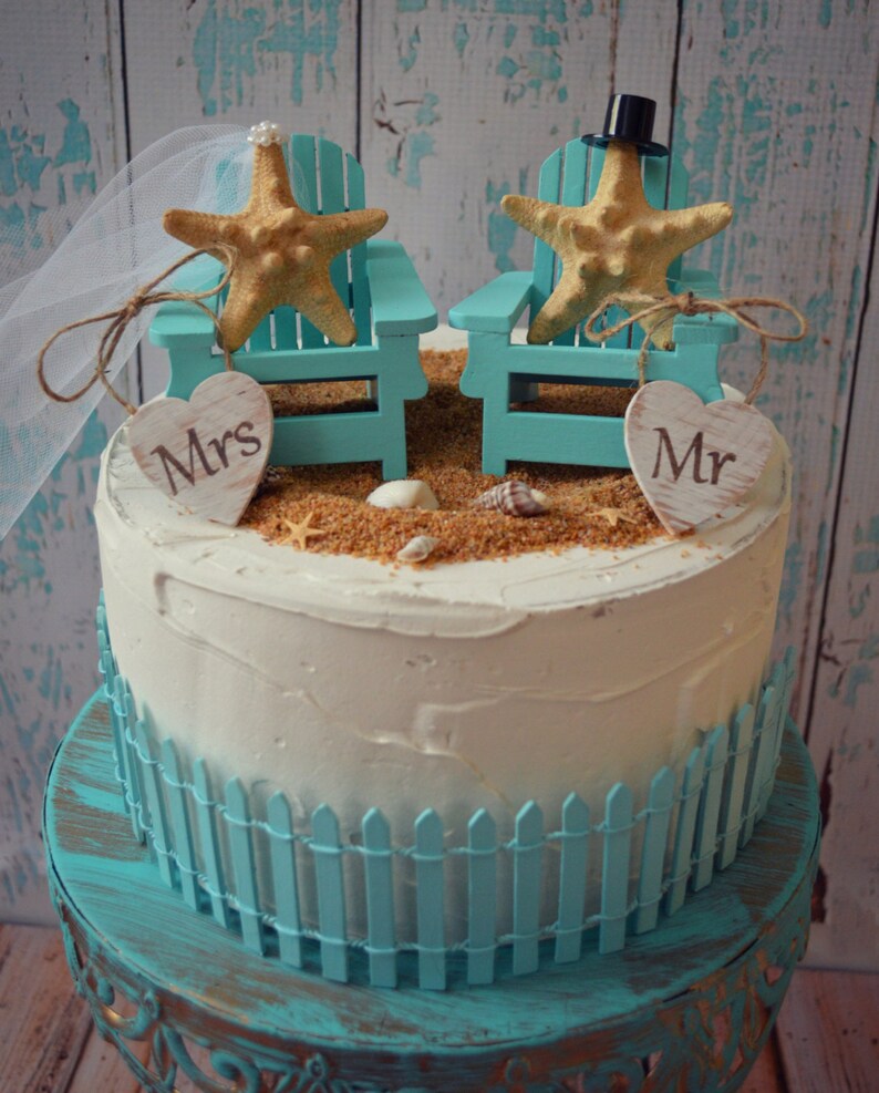 Aqua Blue Adirondack Beach Wedding Chairs Cake Topper Destination Bride Groom Mr And Mrs Nautical Navy