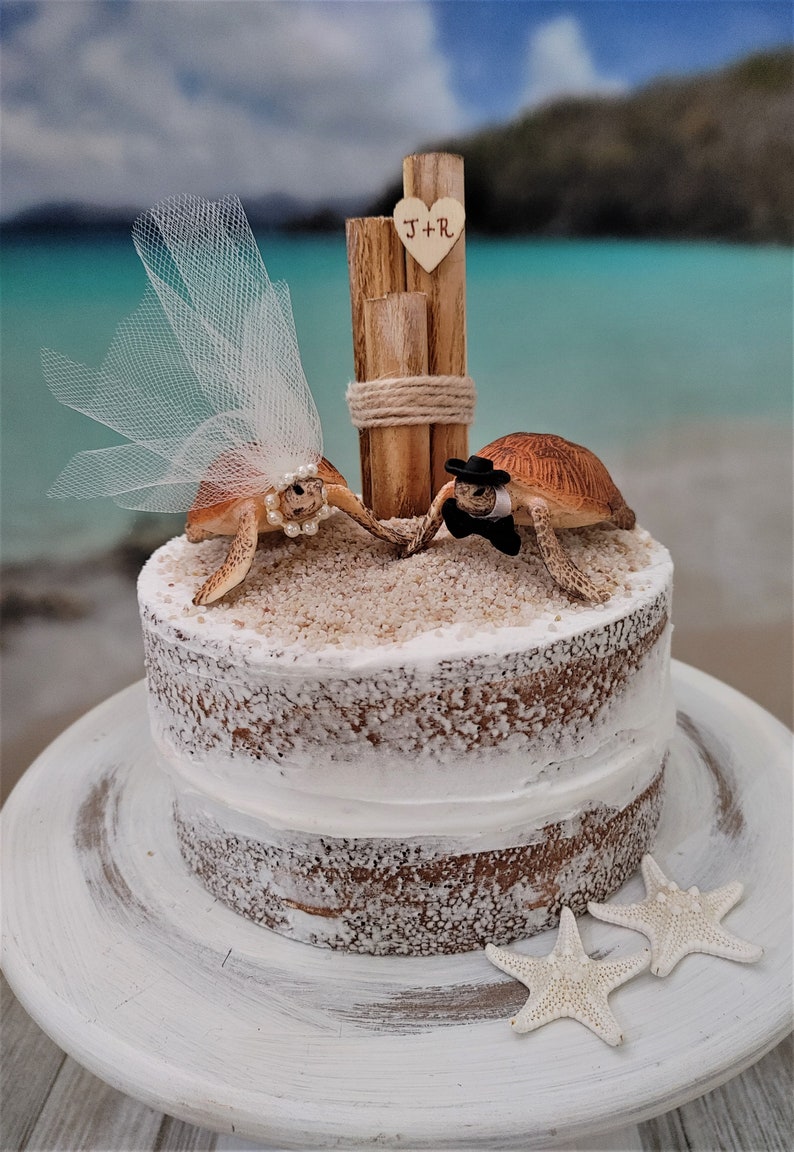 Sea turtle-bride-groom-Mr and Mrs-wedding-cake topper-beach-destination-turtle-ocean-turtle lover-starfish-grooms cake-woodland-animal image 3