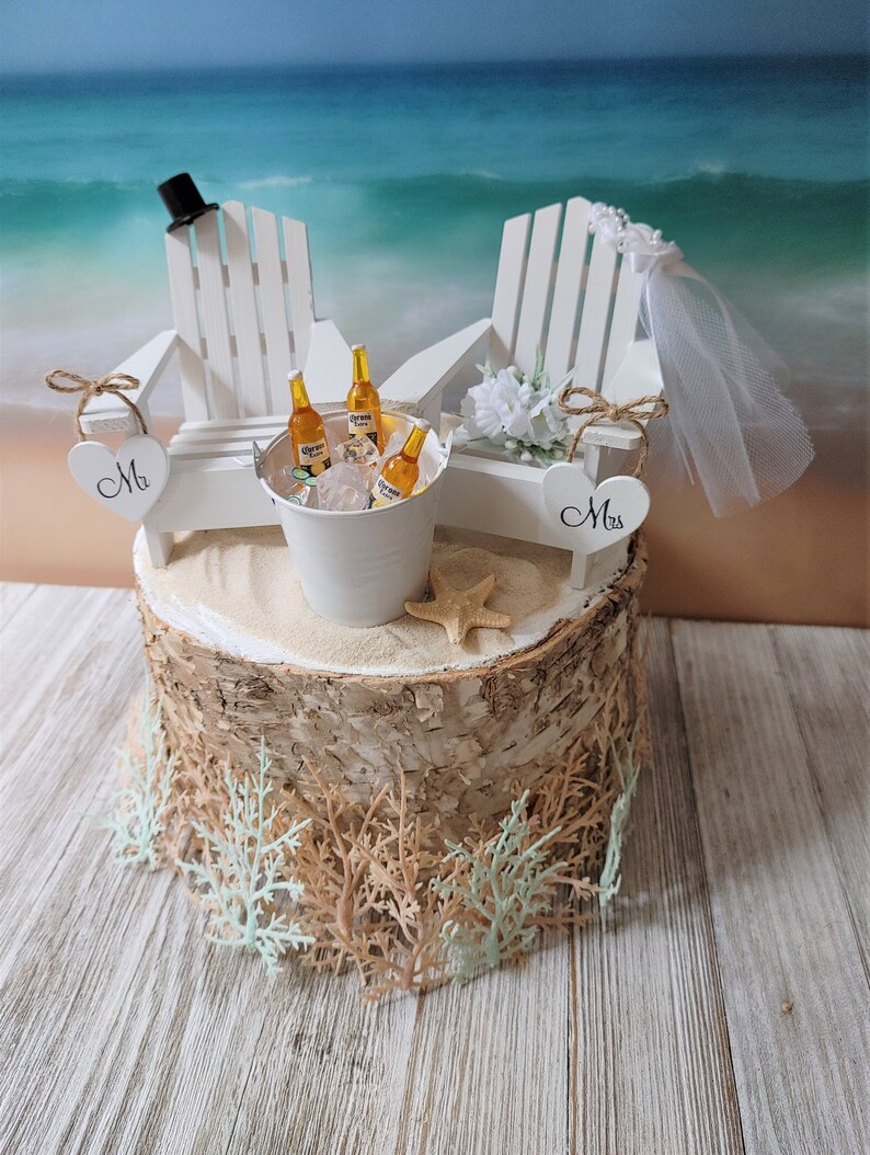 Beach chairs-Adirondack-beach-wedding-beercake topper-beach chairs-destination-bride-groom-Mr and Mrs-beach wedding-nautical-navy blue image 1