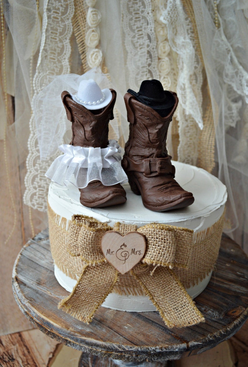 Western wedding cowboy cowgirl boot cake topper bride and