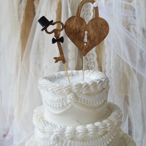 Weddings cake toppers rustic wood heart Mr and Mrs key to my heart sign skeleton key vintage inspired bride groom unique lock and key decor image 3