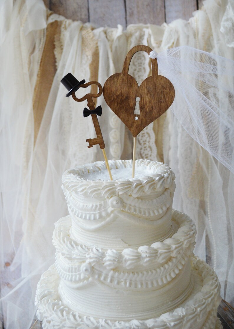 Weddings cake toppers rustic wood heart Mr and Mrs key to my heart sign skeleton key vintage inspired bride groom unique lock and key decor image 3