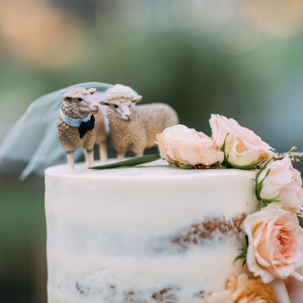 Sheep-lamb-whimsical-woodland-wedding-cake topper-farm-animal-folk-western-country-bride-groom-Mr and Mrs-custom-kissing-rustic-live stock