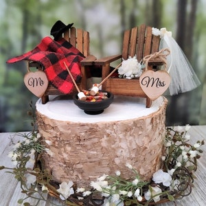 Fall themed Christmas themed wedding cake topper hunting camping Adirondack miniature chairs roasting marshmallows coffee hot chocolate cups image 9