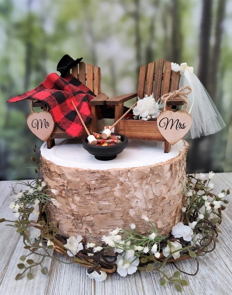 Fall themed Christmas themed wedding cake topper hunting camping Adirondack miniature chairs roasting marshmallows coffee hot chocolate cups image 9