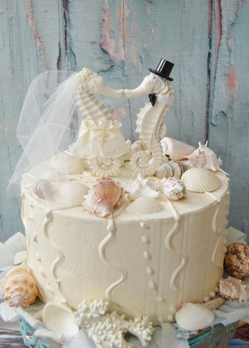 Seahorse wedding cake topper-ivory seahorse-beach image 0.