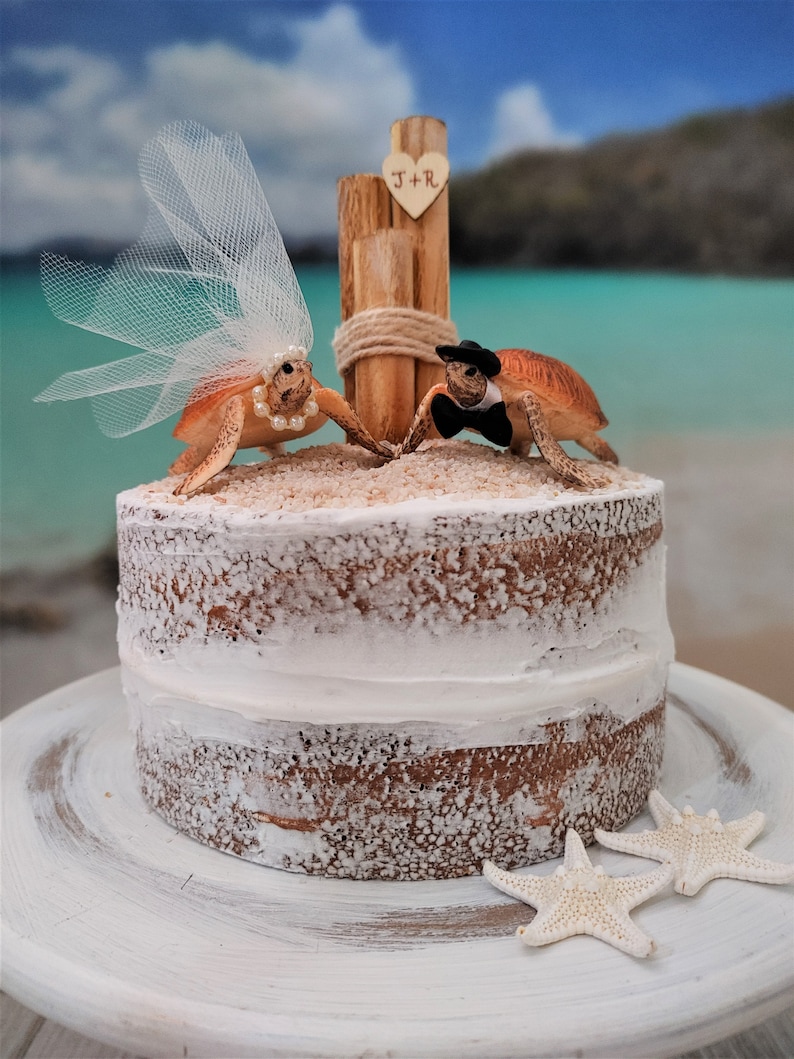 Sea turtle-bride-groom-Mr and Mrs-wedding-cake topper-beach-destination-turtle-ocean-turtle lover-starfish-grooms cake-woodland-animal image 4