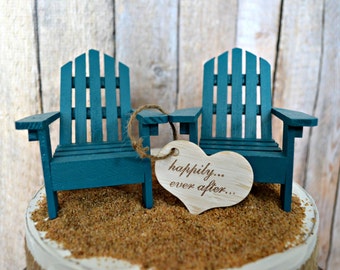 beach chairs-beach-wedding-cake topper-bride-groom-chairs-destination-miniature-Mr and Mrs-custom-Adirondack-small chairs-beach wedding