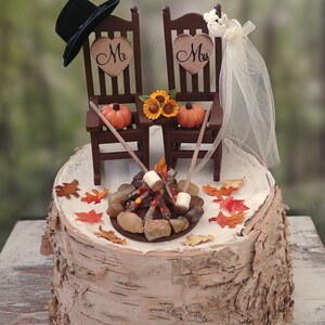 fall autumn themed wedding cake topper pumpkin country bride and groom rustic rocking chairs Mr&Mrs Thanksgiving wedding 6 inch cake image 9