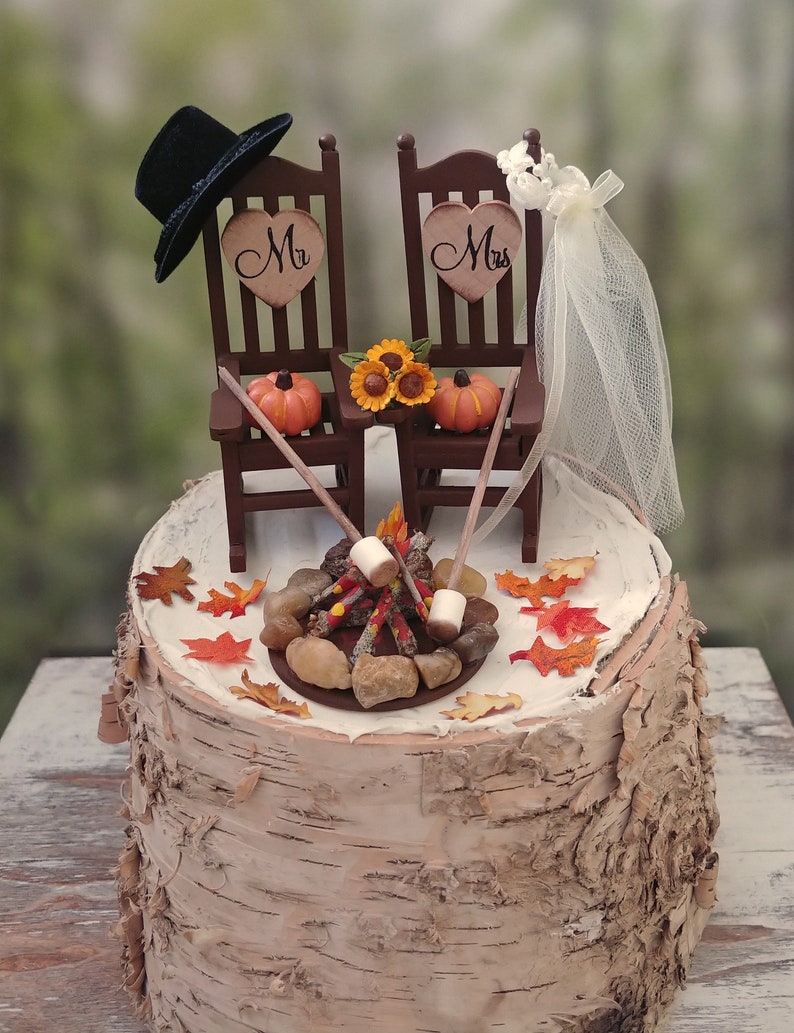 fall autumn themed wedding cake topper pumpkin country bride and groom rustic rocking chairs Mr&Mrs Thanksgiving wedding 6 inch cake image 9
