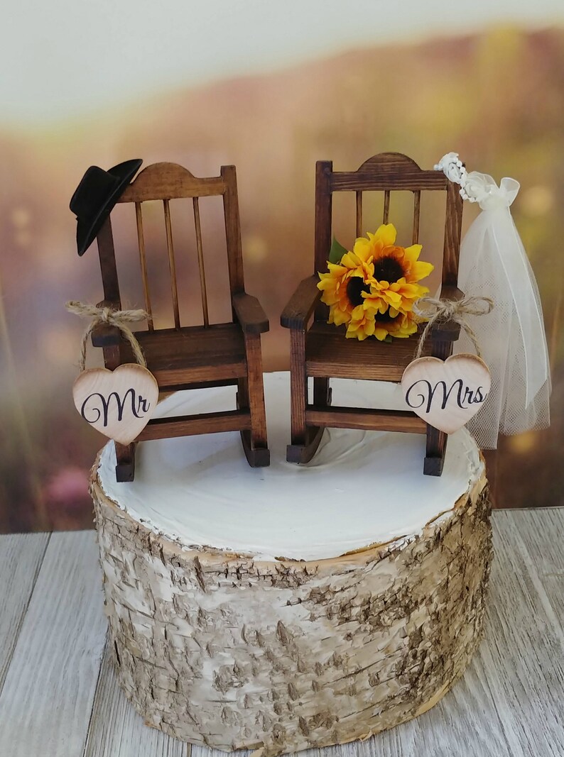 Rustic Wedding Wood Rocking Chairs With Sunflower Bouquet Etsy