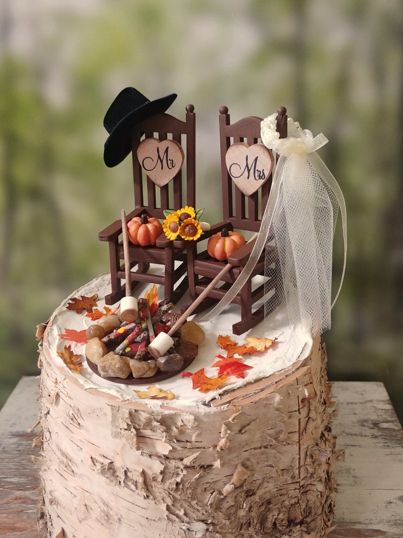 fall autumn themed wedding cake topper pumpkin country bride and groom rustic rocking chairs Mr&Mrs Thanksgiving wedding 6 inch cake image 1