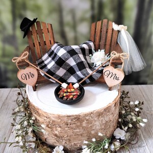 Fall themed Christmas themed wedding cake topper hunting camping Adirondack miniature chairs roasting marshmallows coffee hot chocolate cups image 3