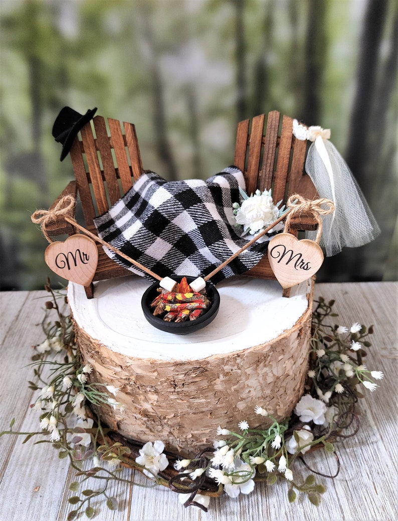 Fall themed Christmas themed wedding cake topper hunting camping Adirondack miniature chairs roasting marshmallows coffee hot chocolate cups image 3
