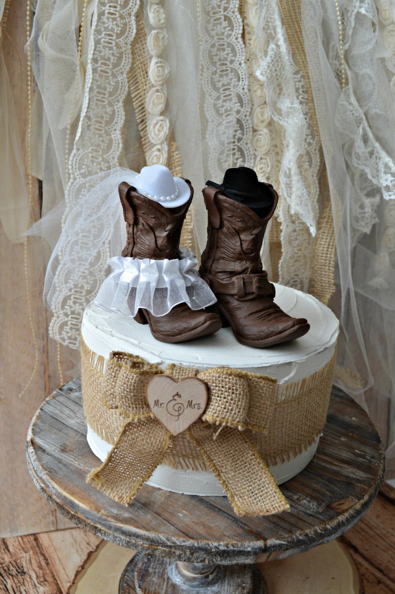 Western wedding cowboy cowgirl boot cake topper bride and