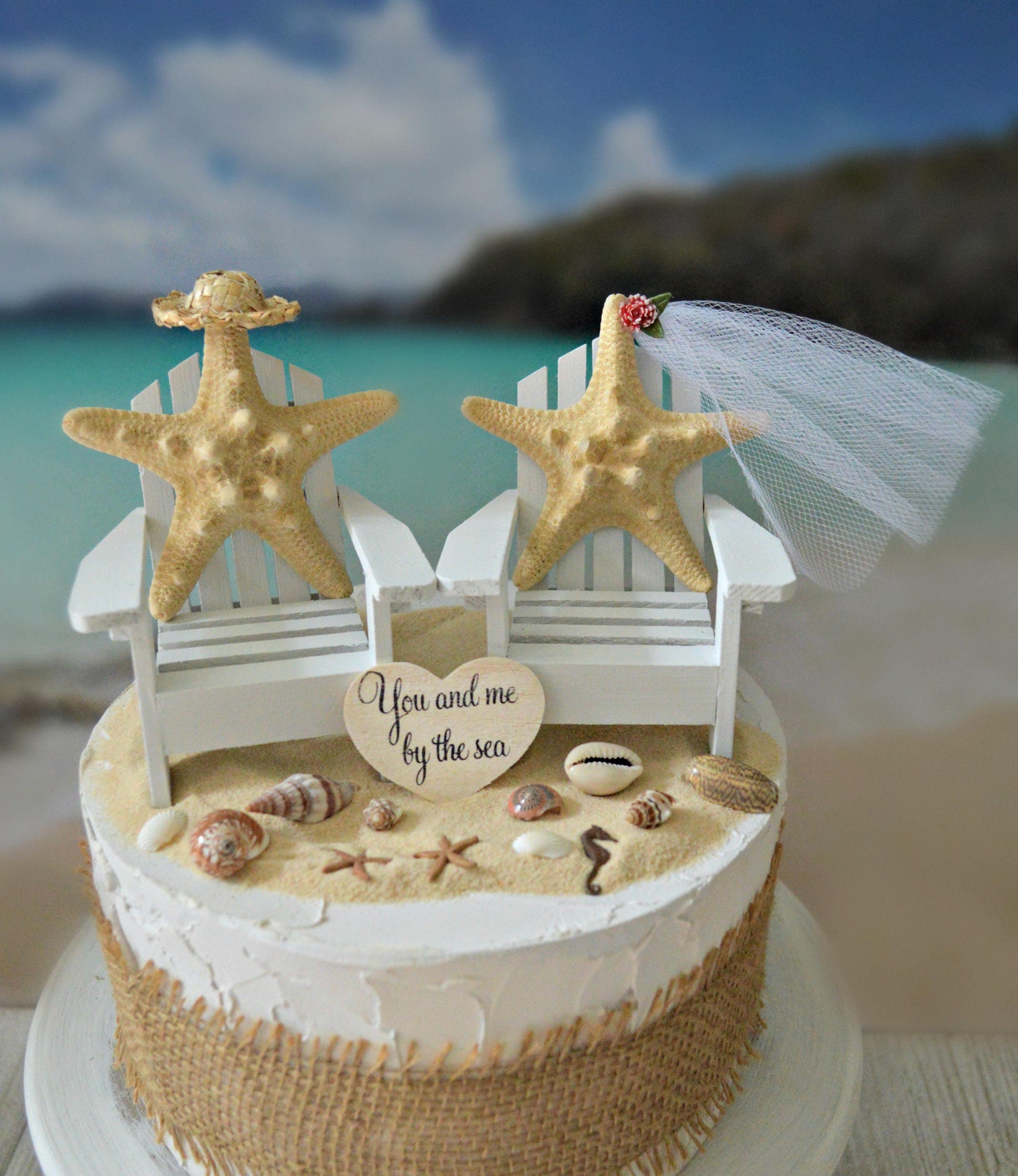 Wedding Reception Real Starfish Adirondack Glasses Cake Topper Beach Chairs 